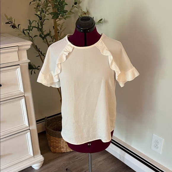 EUC Entro Size Small Elegant White Ruffle Sleeve Top - Picture 1 of 4